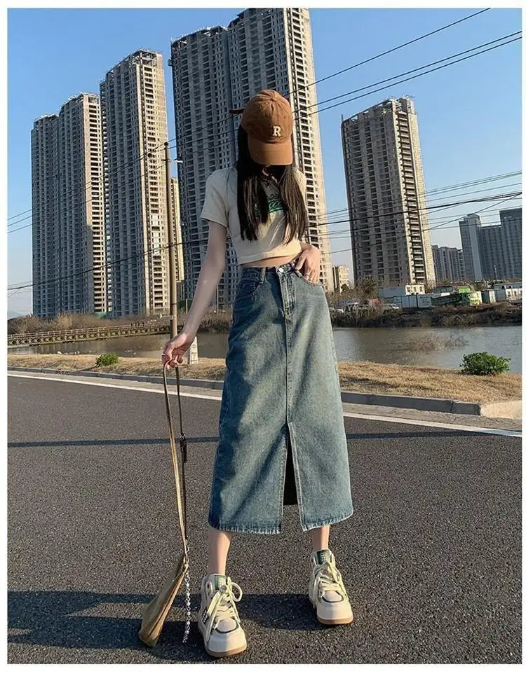Retro Slit Denim Skirt