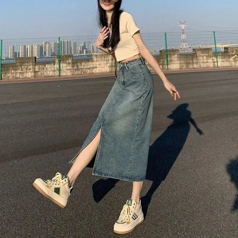 Retro Slit Denim Skirt