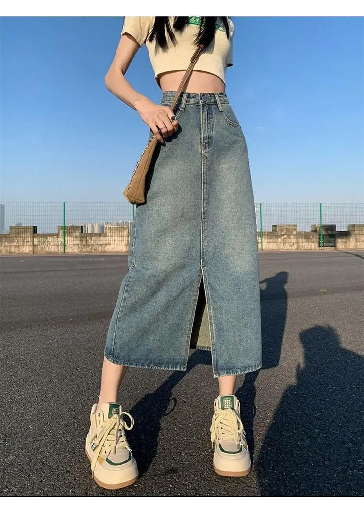 Retro Slit Denim Skirt