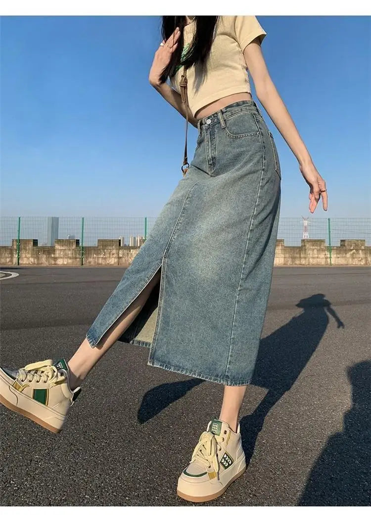 Retro Slit Denim Skirt