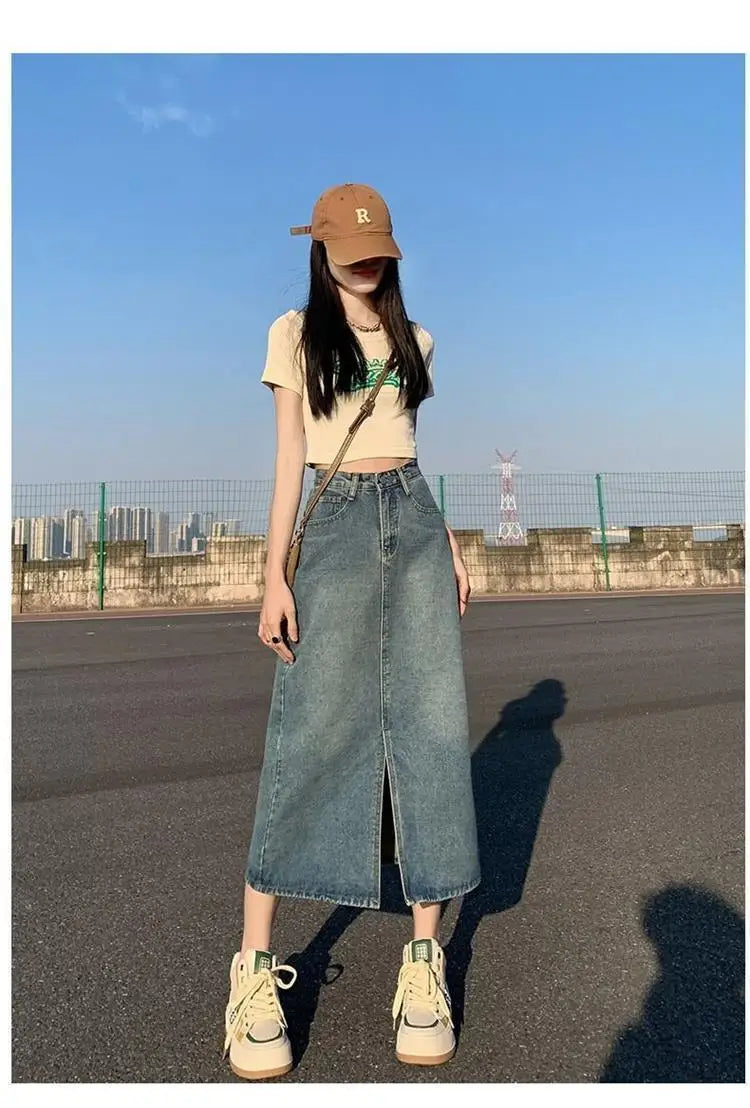 Retro Slit Denim Skirt