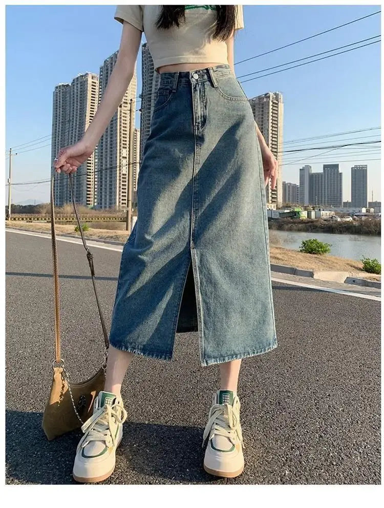 Retro Slit Denim Skirt