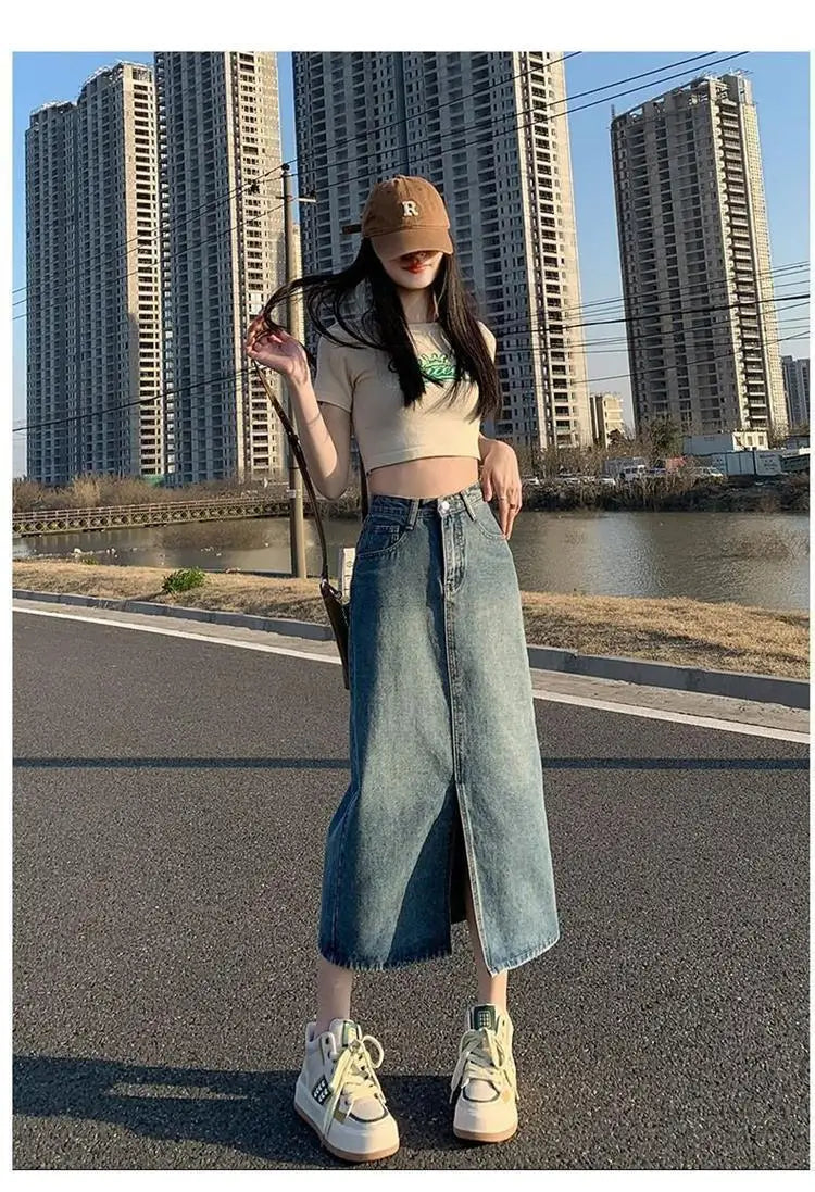 Retro Slit Denim Skirt