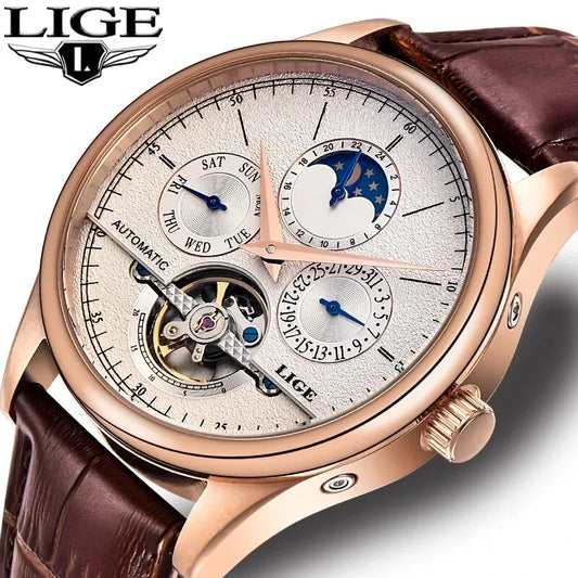 LIGE Men Tourbillon Clock Genuine Leather
