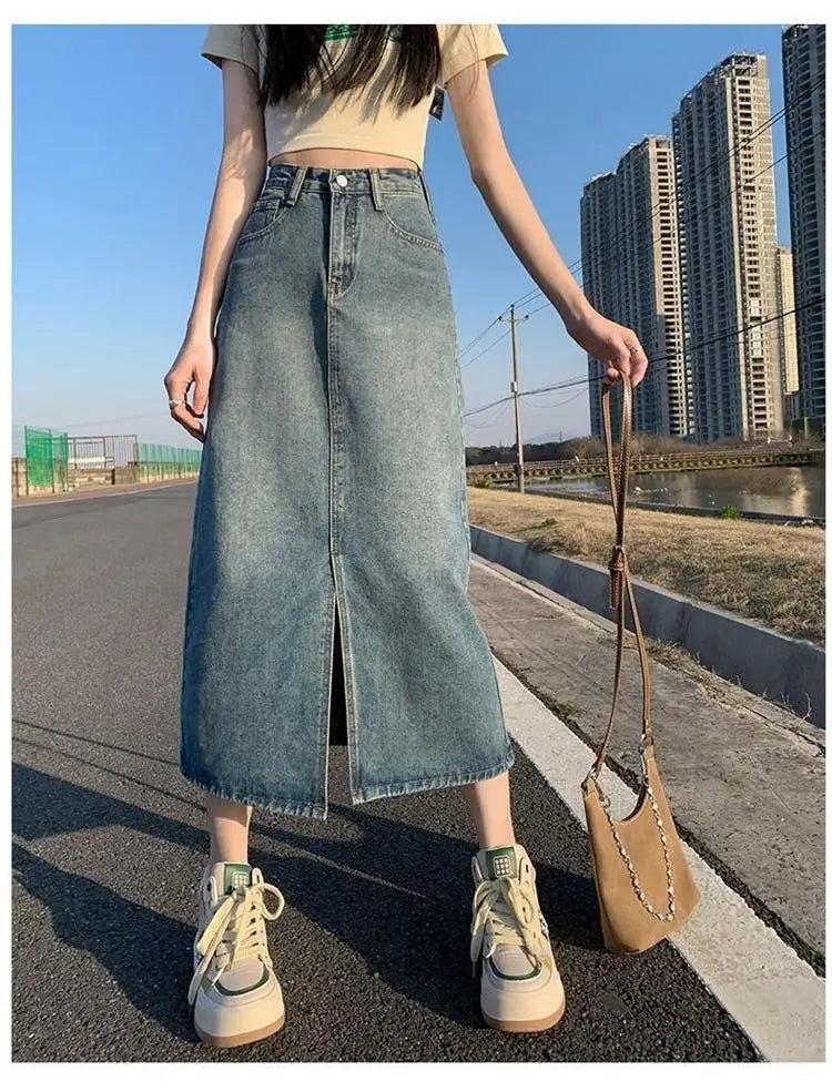 Retro Slit Denim Skirt