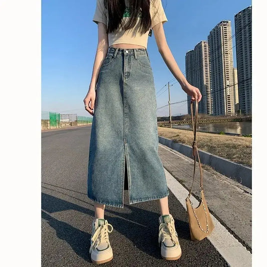 Retro Slit Denim Skirt