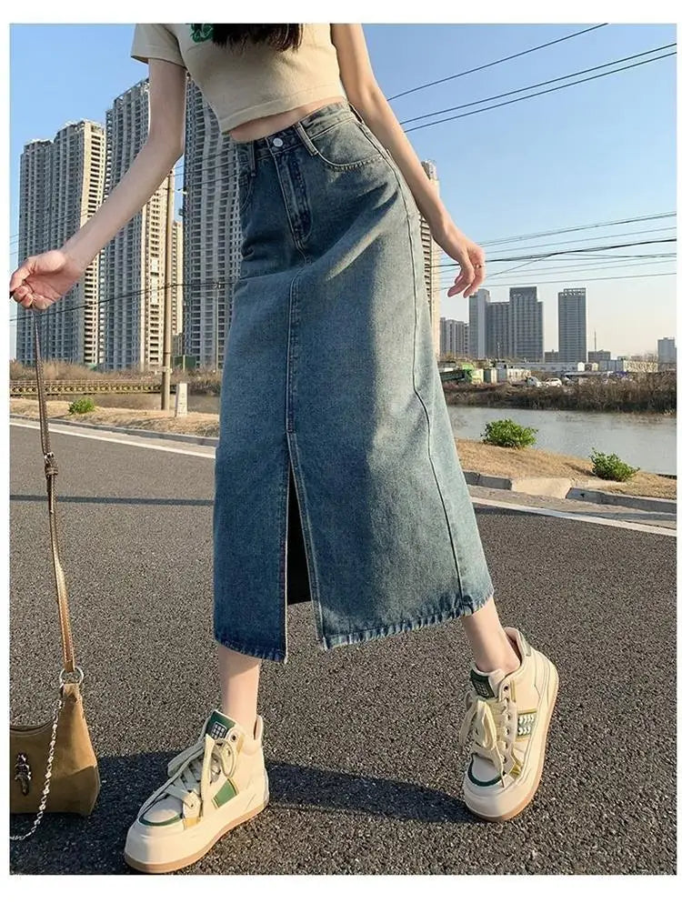 Retro Slit Denim Skirt