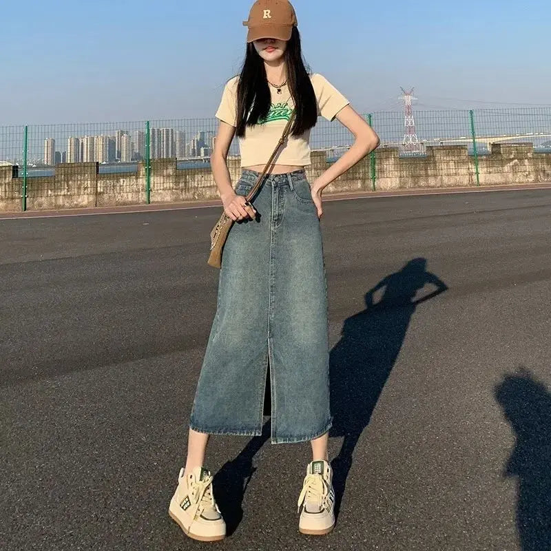 Retro Slit Denim Skirt