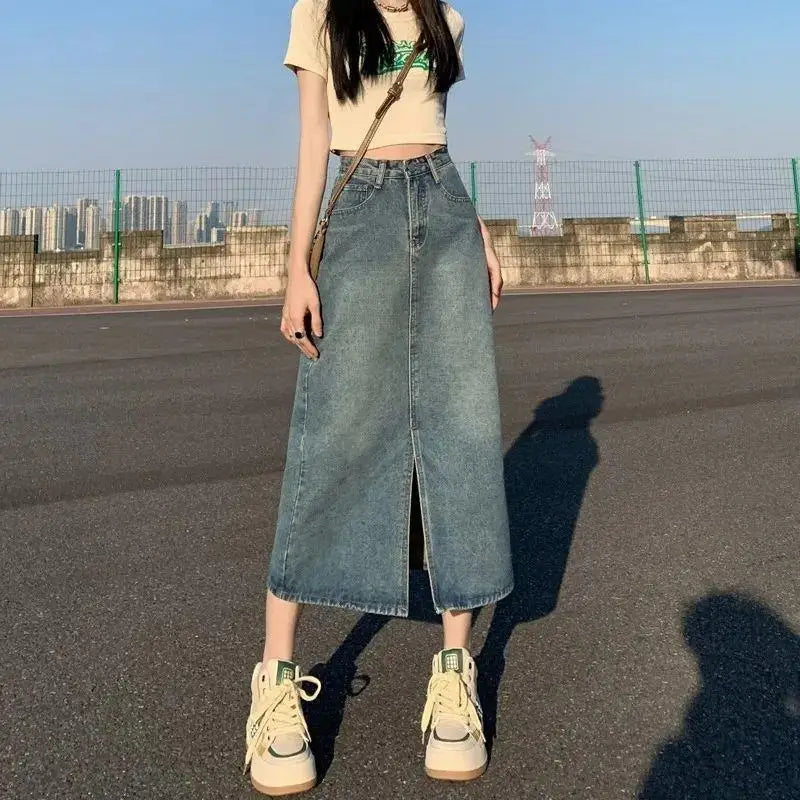 Retro Slit Denim Skirt